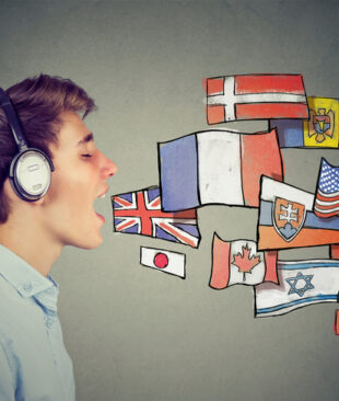 Young man learning different languages